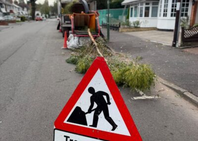 Tree cutting road sign and cones set up for safe roadside tree work